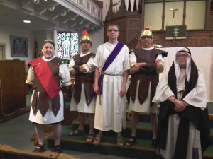 Pilate, Jesus, Caiaphas and two Roman guards